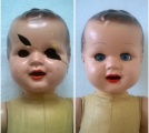 Oprava staré panenky- nástřik, nové vlasy, oprava očí